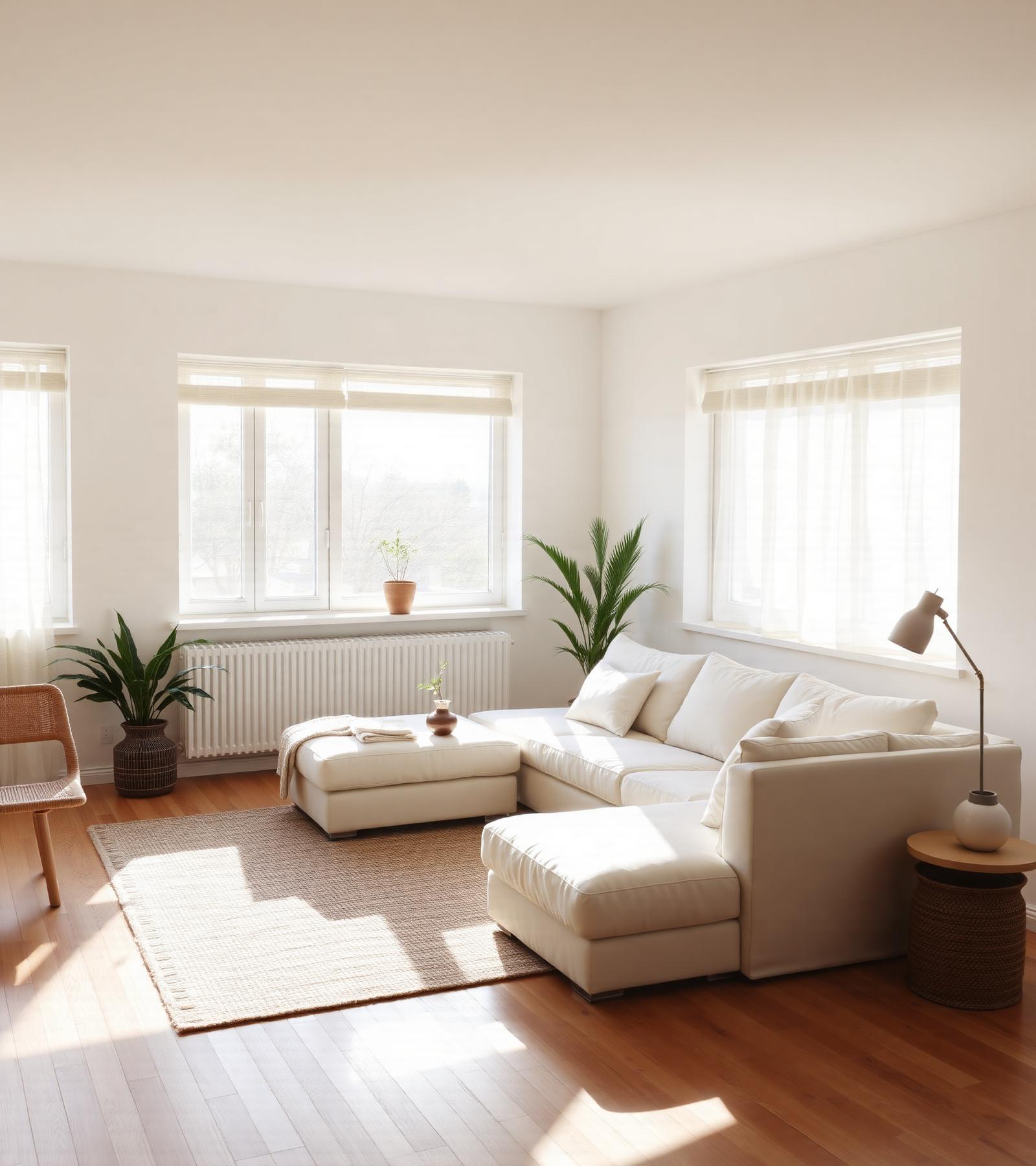 A sunlit minimalist living room with clean linens